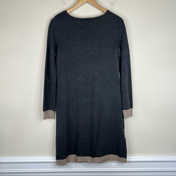 Eliza J dress geometric gray tan red white chevron colorblock rib knit midi M - Picture 5 of 7